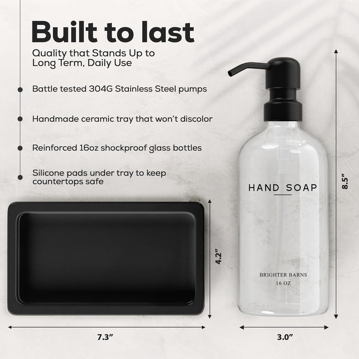 Glass Hand and Dish Soap Dispenser Set by Brighter Barns - Kitchen Soap Dispenser Set with Tray, Stainless Steel Pump - Glass Bottles for Sink - Black Kitchen Accessories for Home, Hotel, Gift (Clear)