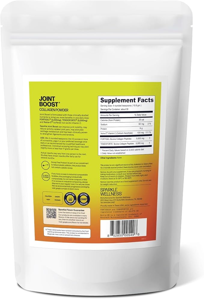 Sparkle Wellness Joint Boost (No Flavor) [30-Serves] | Collagen Powder Supplement with FORTIGEL & TENDOFORTE Collagen Peptides & Calcium Ascorbate Vitamin C | Supports Joint Mobility