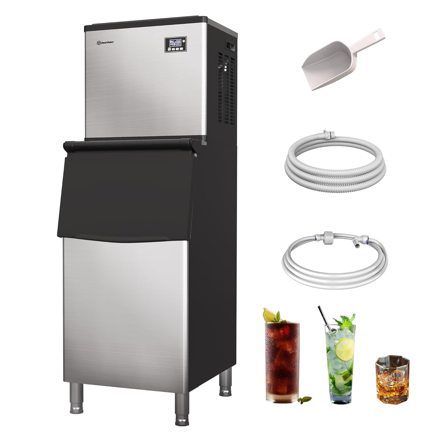 Commercial Ice Maker Machine, 360 lbs /24h, 200 lbs Ice Storage Bin, Stainless Steel, Self-Cleaning, LCD Display, Freestanding Ice Maker, Suitable for Home, Bar, Includes Connecting Hose, Silver