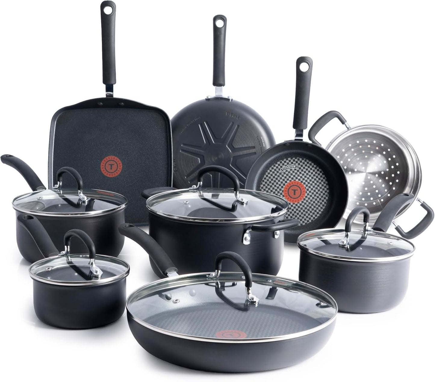 T-fal Ultimate Hard Anodized Nonstick Cookware Set 14 Piece, Oven Broiler Safe 400F, Lid Safe 350F, Kitchen Cooking Set w/Fry Pans, Saucepans, Griddle, Dutch Oven, Pots & Pans, Dishwasher Safe, Black