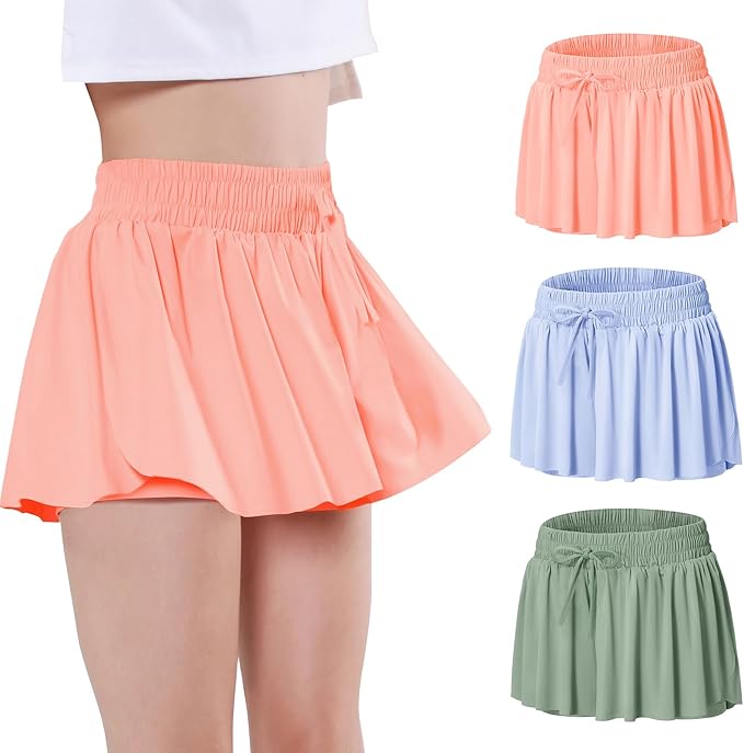 EXARUS Girls Butterfly Shorts Flowy Dance Skirt Cheer Skorts Athletic Tween Clothes Teen Preppy Outfits Flutter Kids