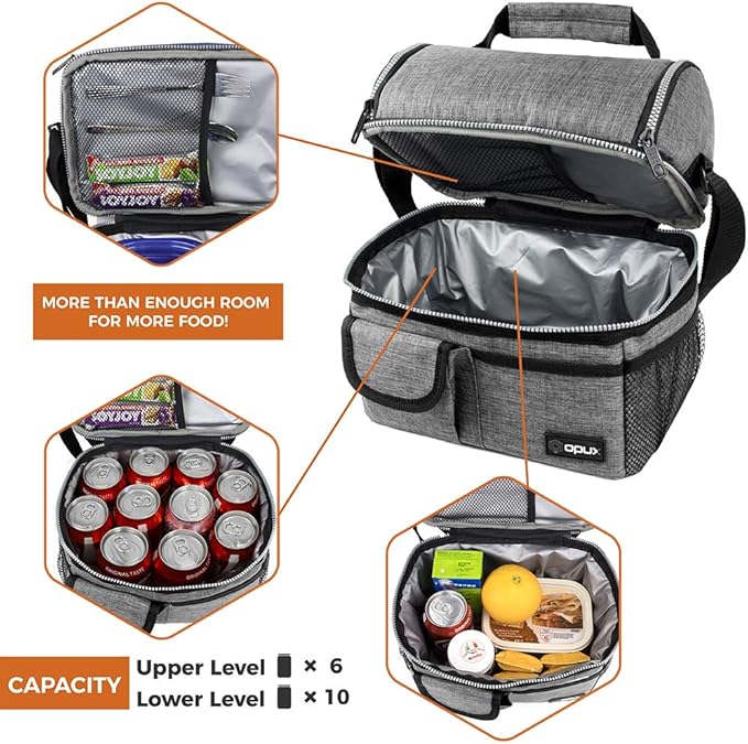 opux Lunch Box for Men, Adult Lunch Box Cooler, Insulated Lunch Bag Women, Dual Compartment Lunchbox for Work, Leakproof Double Decker Lunch Bag, Soft Lunch Pail Tote Boys Girls Kids School, Gray