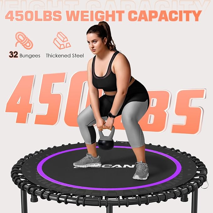 BCAN 40"/48" Rebounder Trampoline for Adult, 450/550LBS Fitness Trampoline with Bungees, Adjustable Handle, Stable & Quiet, Indoor Outdoor, Whole-Body Workout & Relaxation at Home for Women/Men