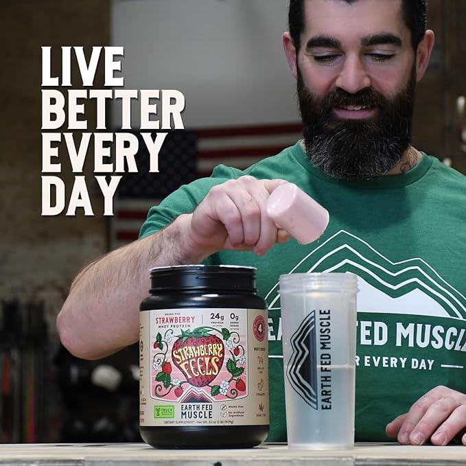 Earth Fed Muscle Strawberry Feels (Forever) – Irish Truly Grass‑Fed Whey Protein Isolate, No Sugar, Soy‑Free, Gluten‑Free (2 lb, 29 Servings, Strawberry)