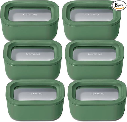 Caraway 6pc Glass Food Storage Set - 2.6 Cup Storage Containers For Food (6) - Non-Toxic Ceramic-Coated Glass - Air Release Technology - Compact & Stackable Design - Sage