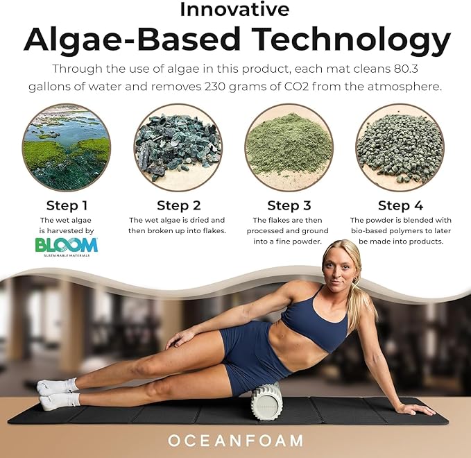 Oceanfoam Travel Workout Mat – 0.3" Thick Folding Exercise Mat for Yoga, Pilates, & Fitness – Non-Slip with Cotton Carrying Strap, Made with Sustainable Algae Foam – 24" x 72" (Charcoal)