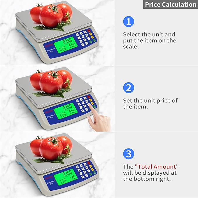 Large Digital Kitchen Scale 30KG Commercial Food Scale 66LB for Baking Bread Meat Stainless Steel Price Computing Scale LCD Display,Prep Counting Scale for Parts and Coins Adapter Included