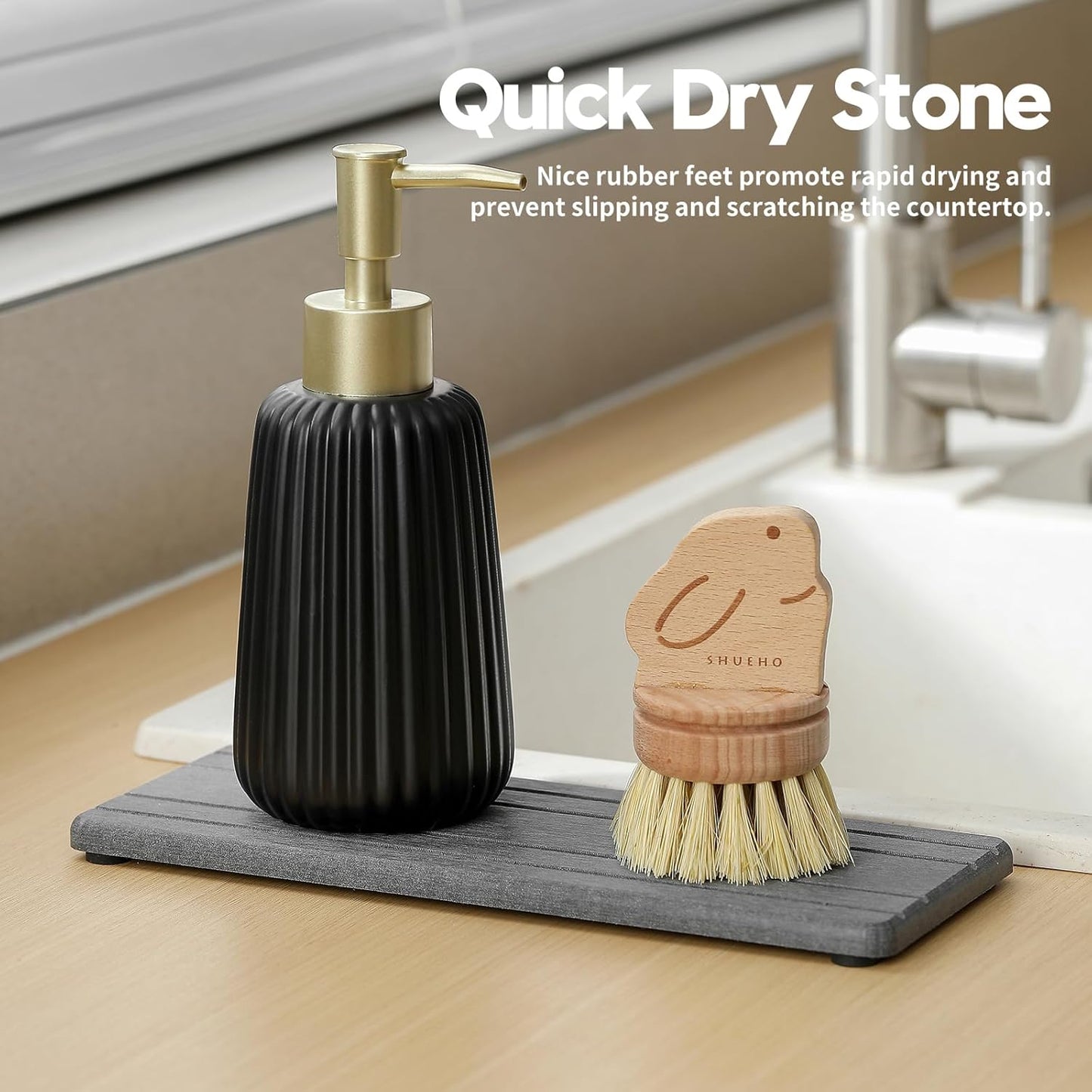 2PCS Diatomite Quick Stone Drying Tray Mat For Bathroom & Kitchen Counter, Instant Dry Water Absorbent Drink Bar Coaster,Vanity Sink Caddy Organizer,Dish Soap Sponge Holder, Dark Gray,9"x3.5"