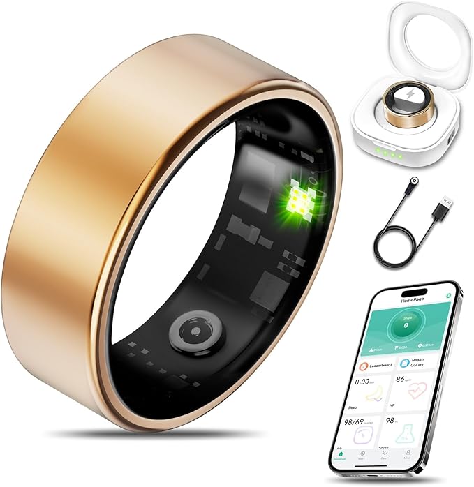Smart Health Ring for Women Men Fitness Tracker with Heart Rate, Blood Oxygen, Blood Pressure, Sleep Monitoring, Step Counting, IP68 Waterproof for iPhone and Android, No APP Fee, Gold 13#