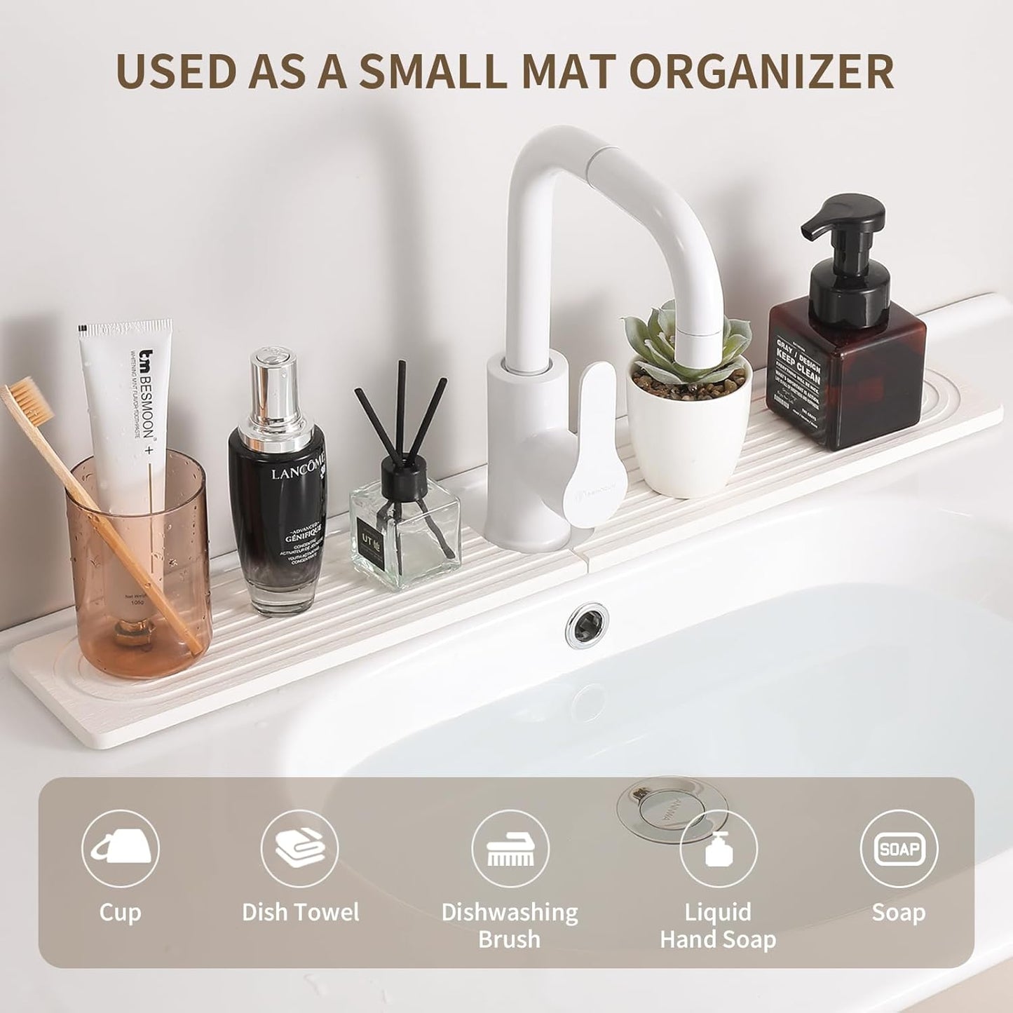 Faucet Mat for Kitchen Sink, Diatomite Stone Drying Sink Protectors, Bathroom Faucet Splash Guard, Quick Dry Water Absorbing, Non-Slip Stone Tray for Kitchen Counter, White, 23.6" x 3.9"