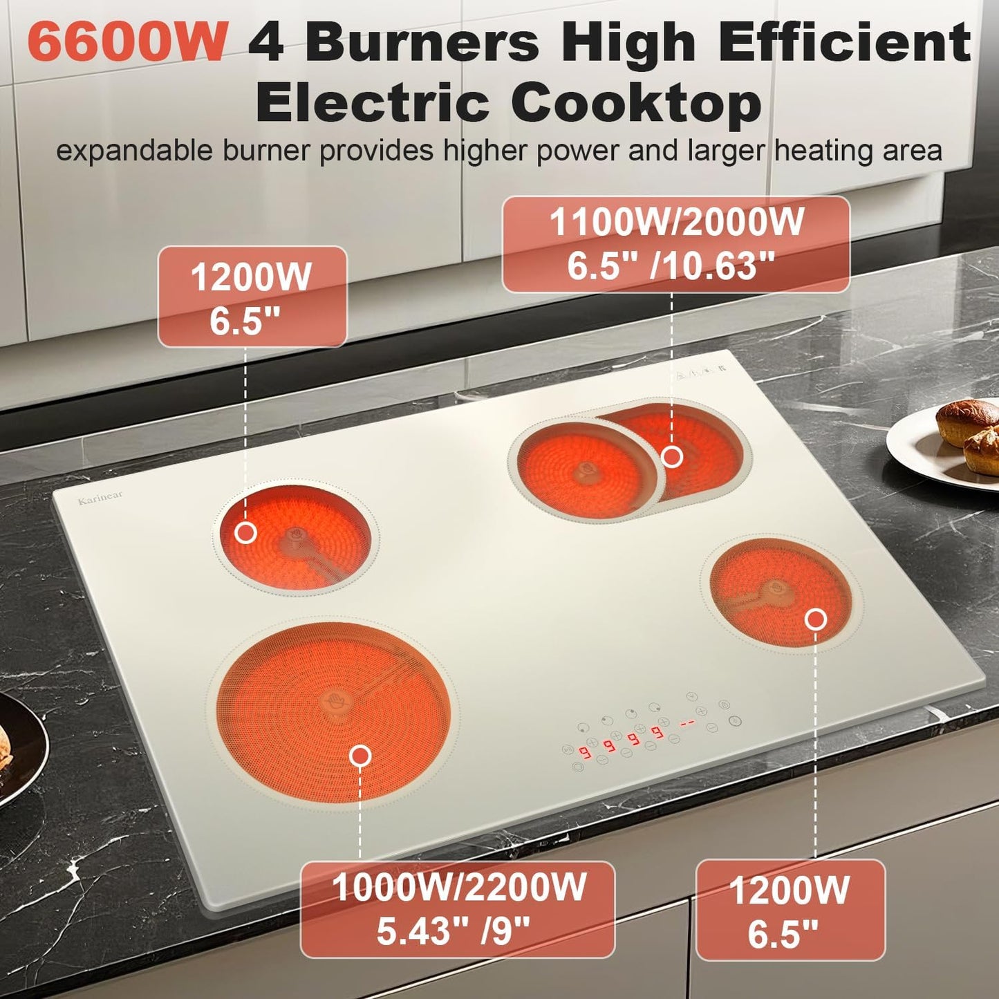 Karinear 30 Inch Electric Cooktop, Beige-gray Glass Electri Cermaic Stove, 4 Burners Electric Stove Top with Expandable Burners, Timer, Child Safety Lock, Pause, 6600W, Drop-in 220V-240V Hardwire