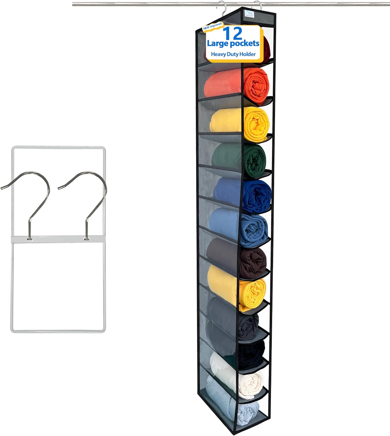 Closet Organization,12 Section,Hanging Closet Organizer,Space Saving, College Dorm Essentials for Girls, Heavy dutys Hooks Up to 45 Pounds, Clothes Storage,Closet Organizer,Grey/Black