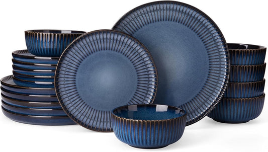 Famiware Starlight Dinnerware Sets, Plates and Bowls Dish Set of 6 (18 Pieces), Ribbed Textured Tableware - Dishwasher & Microwave Safe, Chip & Scratch Resistant, Reactive Glaze, Starry Blue