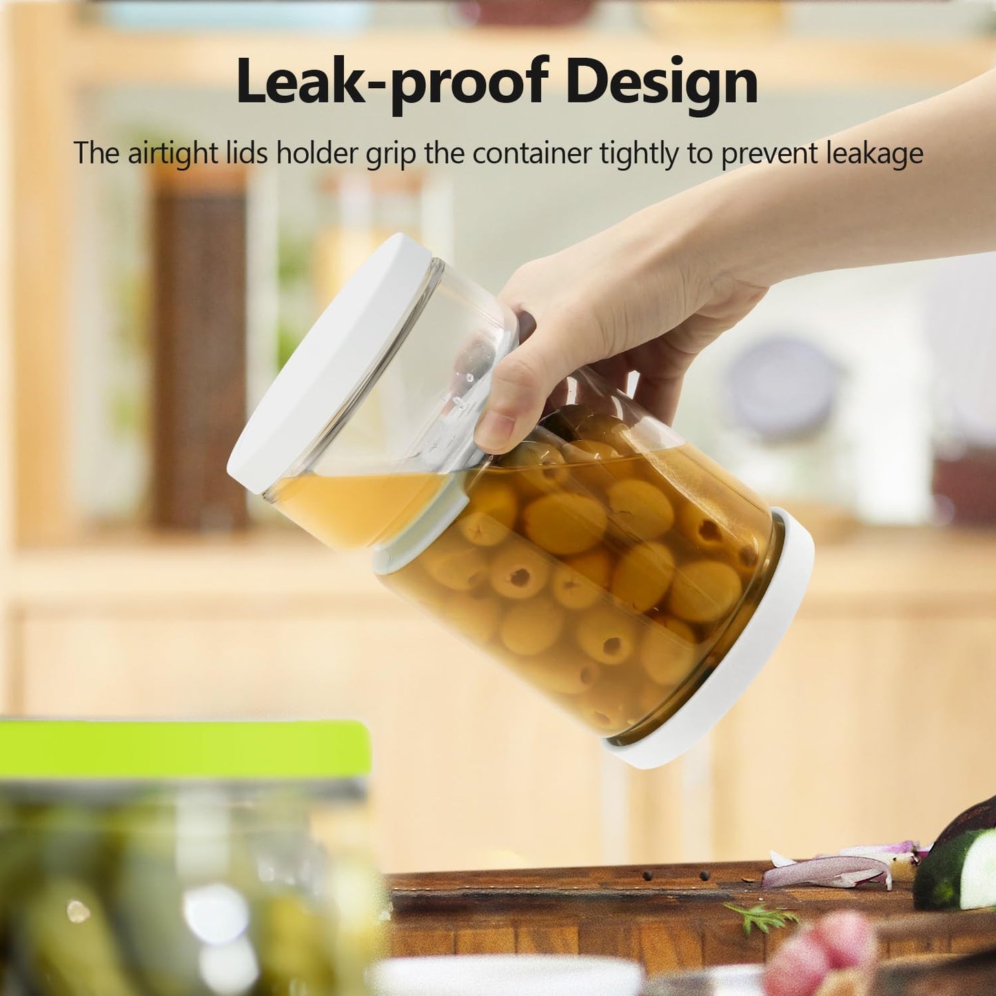 Glass Pickle Jar with Strainer for Pickle Lover - 45 Oz Leakproof and Airtight Juice Separator for Olive, Gherkin, Chilli, BPA Free, Dishwasher and Refrigerator Safe (White&Green, 45oz*2pcs)