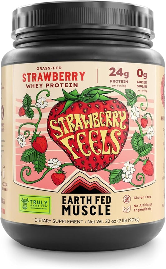 Earth Fed Muscle Strawberry Feels (Forever) – Irish Truly Grass‑Fed Whey Protein Isolate, No Sugar, Soy‑Free, Gluten‑Free (2 lb, 29 Servings, Strawberry)