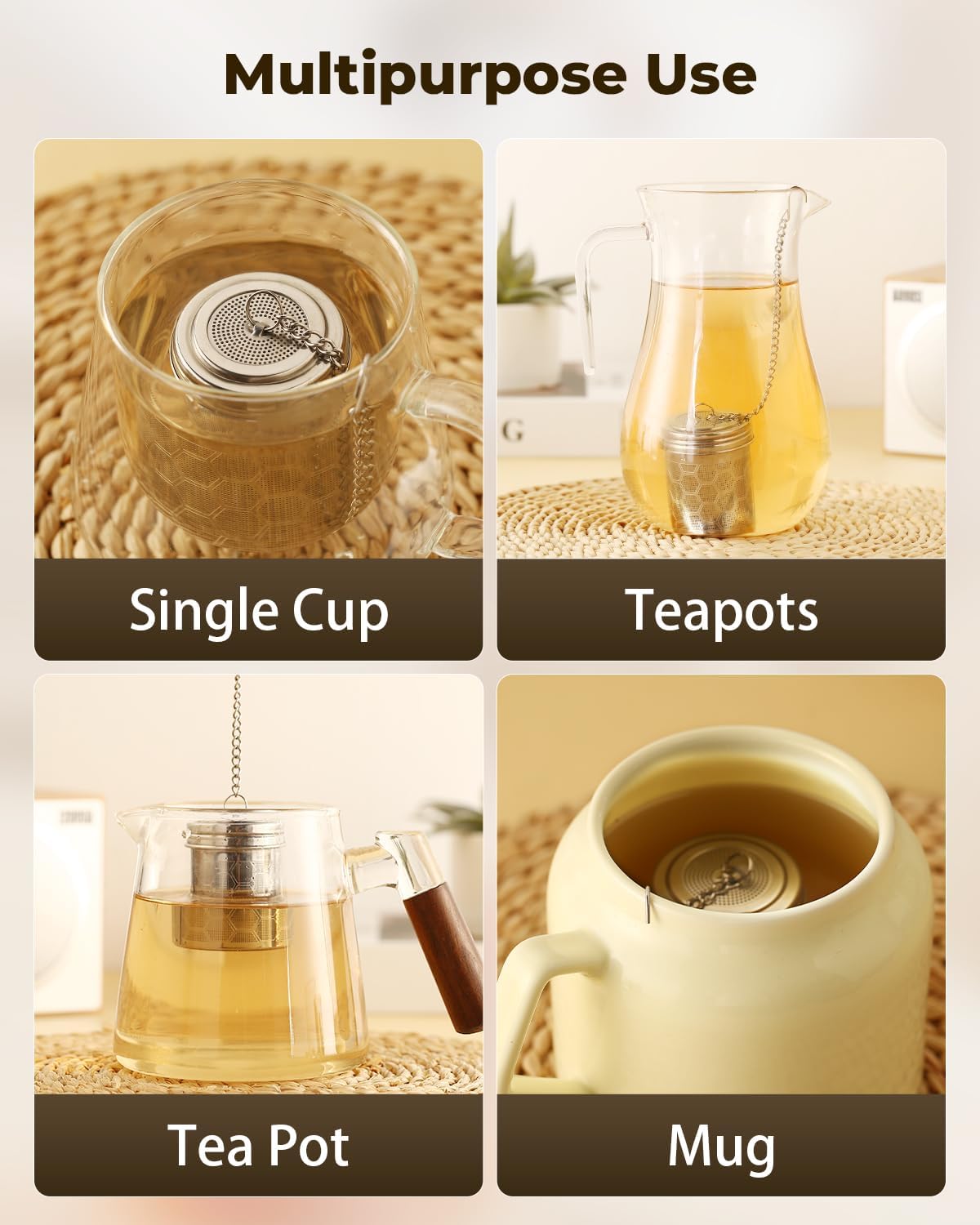 House Again 2 Pack Tea Strainers for Loose Tea, Extra Fine Mesh Tea Infuser, 304 Stainless Steel with Chain Hook, Loose Leaf Tea Steeper for Brew Tea Spices & Seasonings, Geometric Design