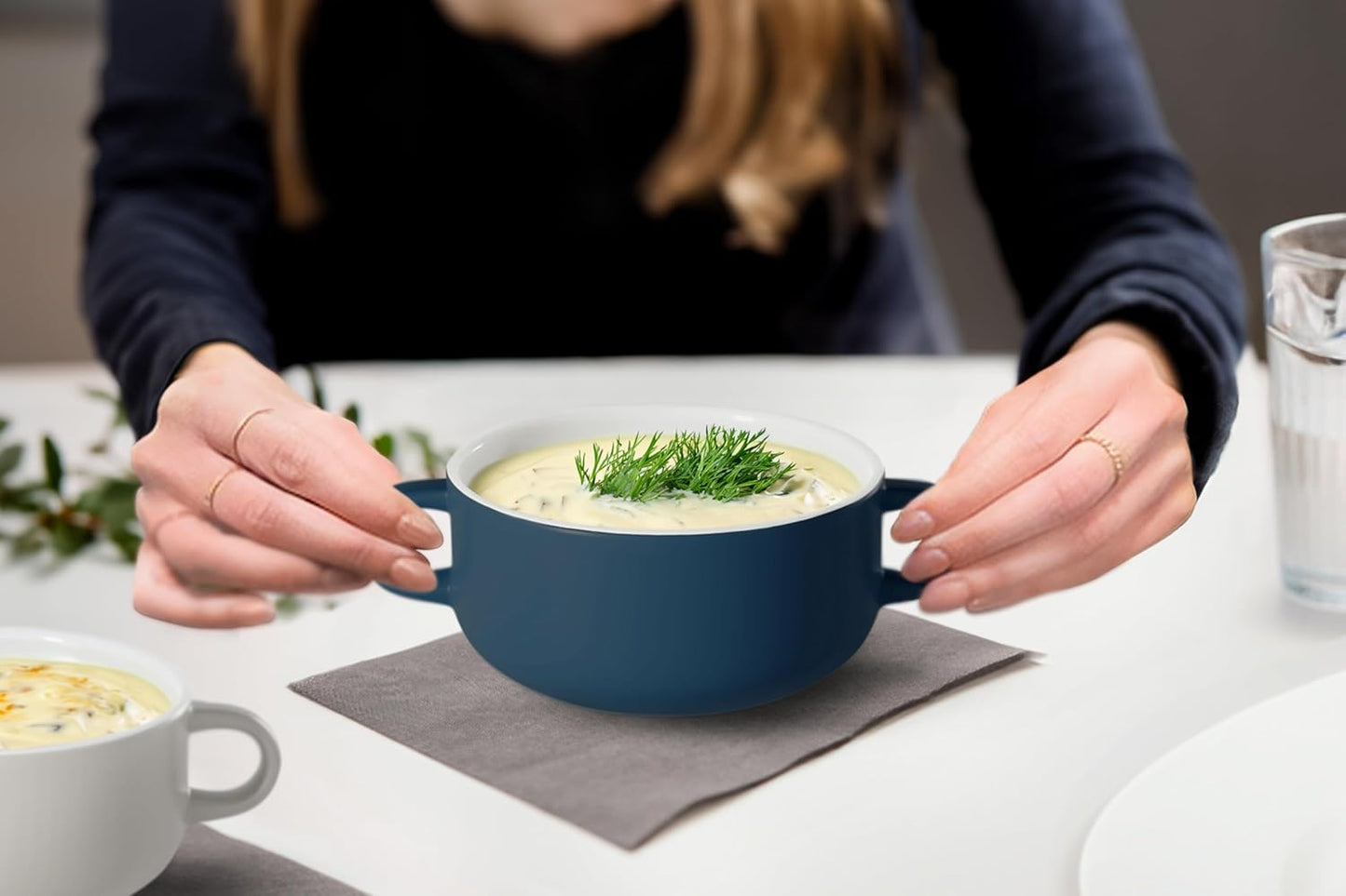 Kook Soup Crocks, Ceramic Bowls, Broil, Oven, Microwave and Dishwasher Safe, with Handles, For Casserole, Pasta, Cereal, 18 oz, Set of 4 (Navy)