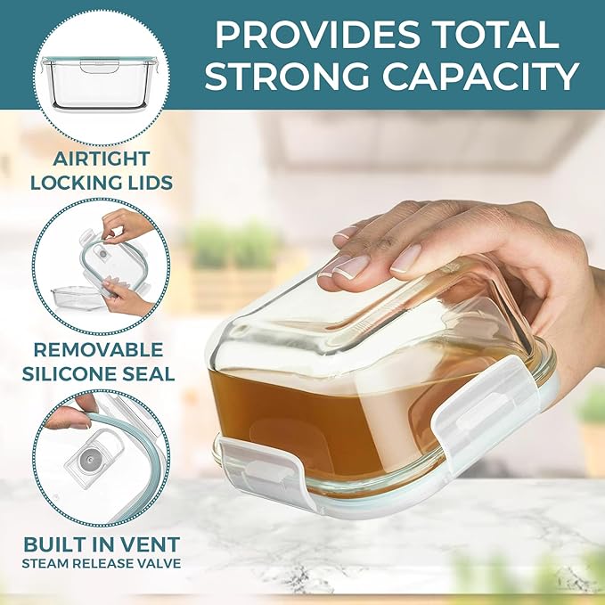 Razab 24 Pc Airtight Glass Food Storage Containers - Glass Meal Prep Containers - Freezer to Oven Safe - Steam Release Valve BPA Free - Airtight Bento Boxes - Leak Proof (12 lids & 12 Containers)