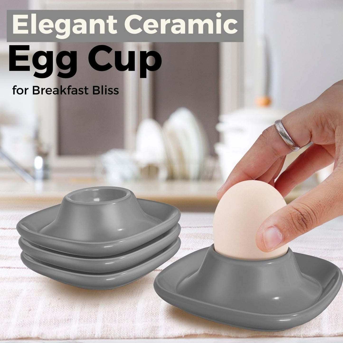 Flexzion Egg Cups for Soft Boiled Eggs - Set of 6 Ceramic Egg Holder - Stackable Egg Coddler Cups with Base for Serving, Breakfast, Brunch - Kitchen Table Decor, Gray