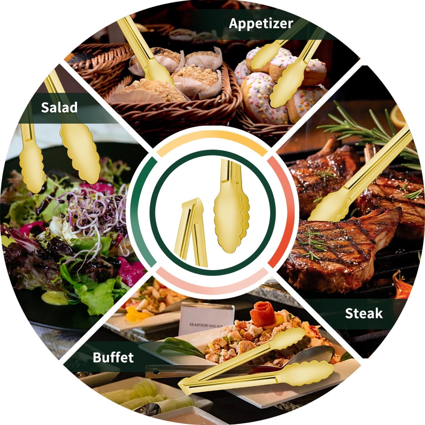 4 Pack 9 Inch Gold Tongs for Serving Food, Gold Serving Tongs Buffet Tong Stainless Steel Utensils, Metal Kitchen Tong for Salad, Steak, Appetizer, Snack and Small Food (4)