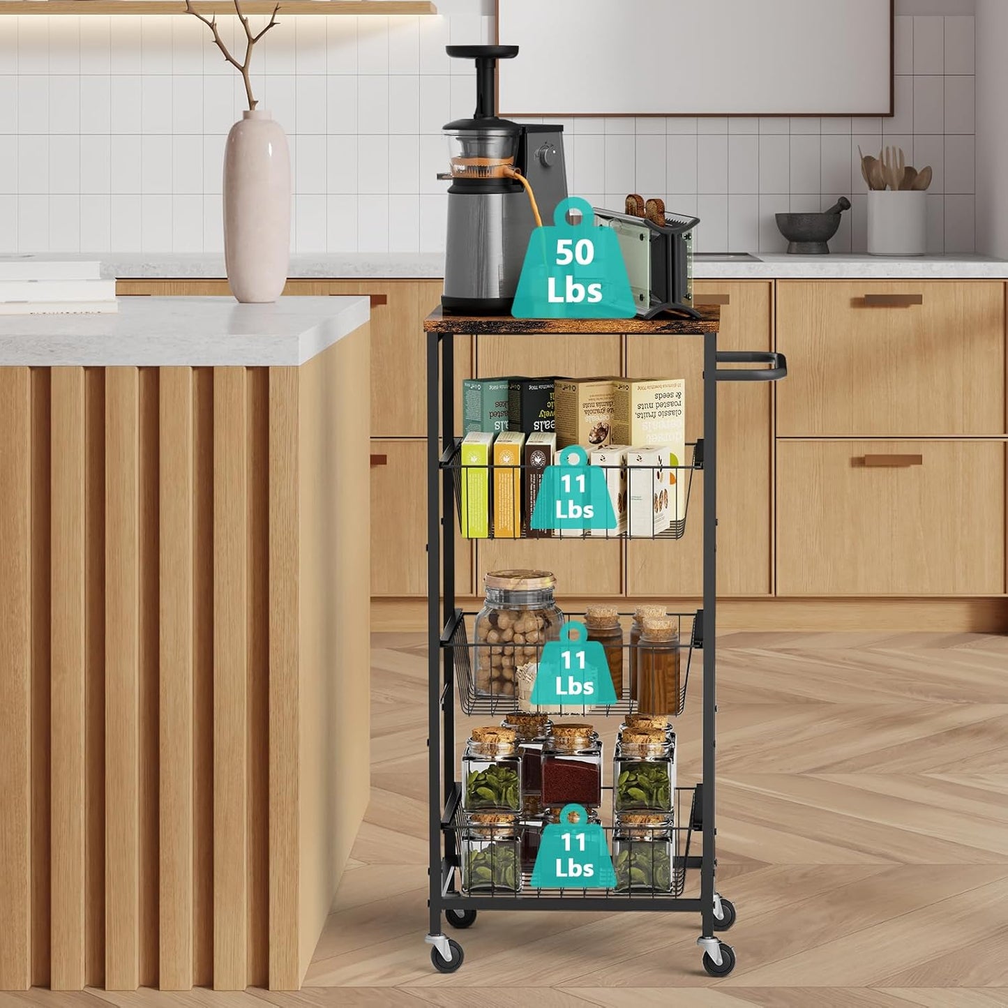 4 Tier Rolling Storage Cart, Kitchen Utility Storage Cart with Pull-Out Fruit Baskets, Mobile Pantry Cart with Wheels, Kitchen, Bathroom, Brown