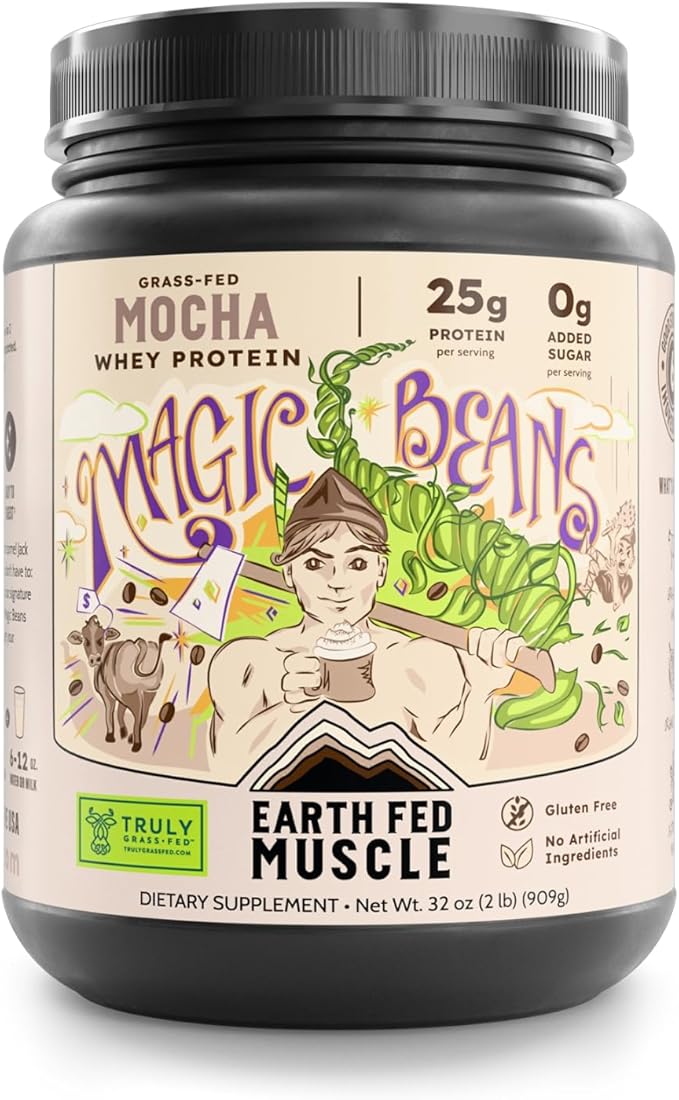 Earth Fed Muscle Magic Beans Mocha Truly Grass Fed Whey Protein Powder - No Artificial Ingredients, Soy Free, Gluten Free, Non-GMO and Hormone Free (2 Pound, 29 Servings, Mocha)