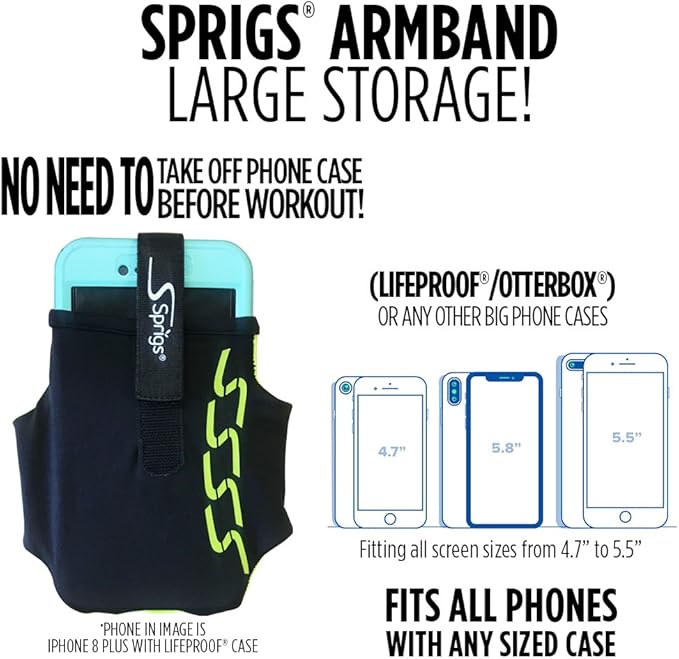 Sprigs Phone Armband Sleeve for iPhone 14, 13, 12, 11, X Galaxy Z, S22, S21, S20 Google Pixel 7, 6, 5. The Lightest & Most Comfortable Running Armband, Stretches to Fit All Phones with Case for Women & Men