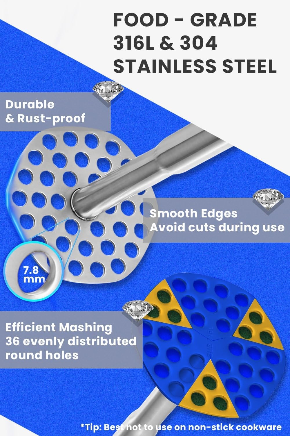 316L Stainless Steel Potato Masher Heavy Duty, Durable One-Piece Design Masher Kitchen Tool, Rustproof Potato Smasher for Mashing Potatoes, Beans, Avocados, Fruits & Vegetables, Dishwasher Safe