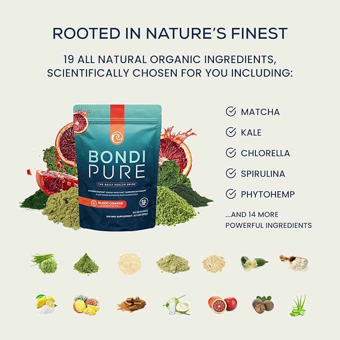 Bondi Pure - Daily Health & Detox Drink - Promote Gut Health & Energy Support During a Cleanse or Intermittent Fasting - Plant-Based Fibers, Alkalizing Super Greens - Blood Orange (3-Pack)