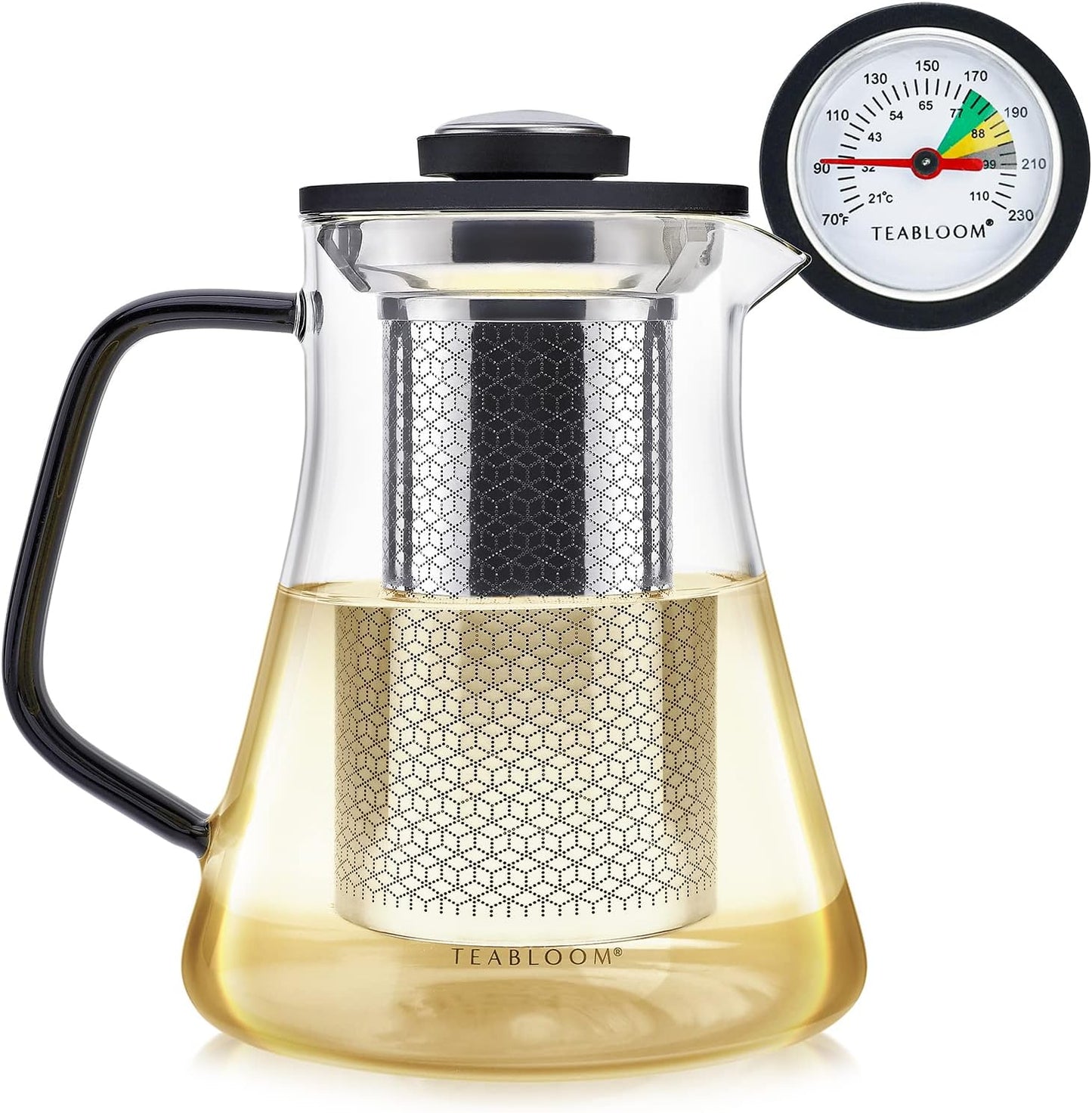 Teabloom 2-in-1 Tea Kettle and Tea Steeper - Glass Teapot with Thermometer and Stainless Steel Loose leaf Tea Infuser, No Whistle Kettles, Virtuoso 34-Ounce Tea Maker