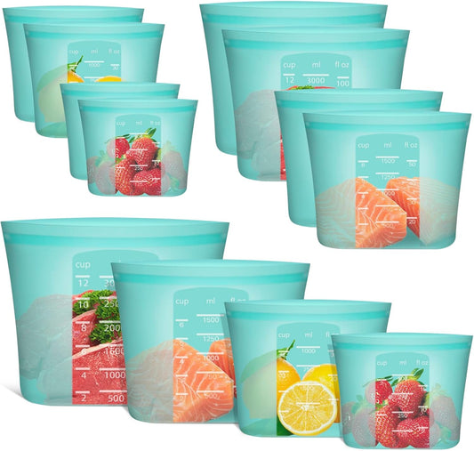 Reusable Storage Bag, 8 Pack 100% Silicone Food Storage Bags Stand Up Zip Lock Bags for Food Container, Freezer Microwave Oven Dishwasher Safe, 2 X-Large(0.8 Gallon) 2 Medium 2 Small 2 X-Small, Aqua