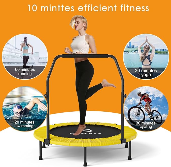 CLORIS 40in Folding Trampoline Mini Trampoline Rebounder Trampoline for Adults Fitness Trampoline with Adjustable Foam Handle, with safty Padded Cover Best Gift for Kids/Adult