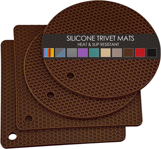 4 Pack Silicone Trivet Mats, Heat Resistant Silicone Hot Pot Holders Hot Pads for Kitchen Countertop, Non-Slip Brown Trivets for Pots and Pans, Hot Plate Mat Coffee Trivet Food Grade Silicone Mat
