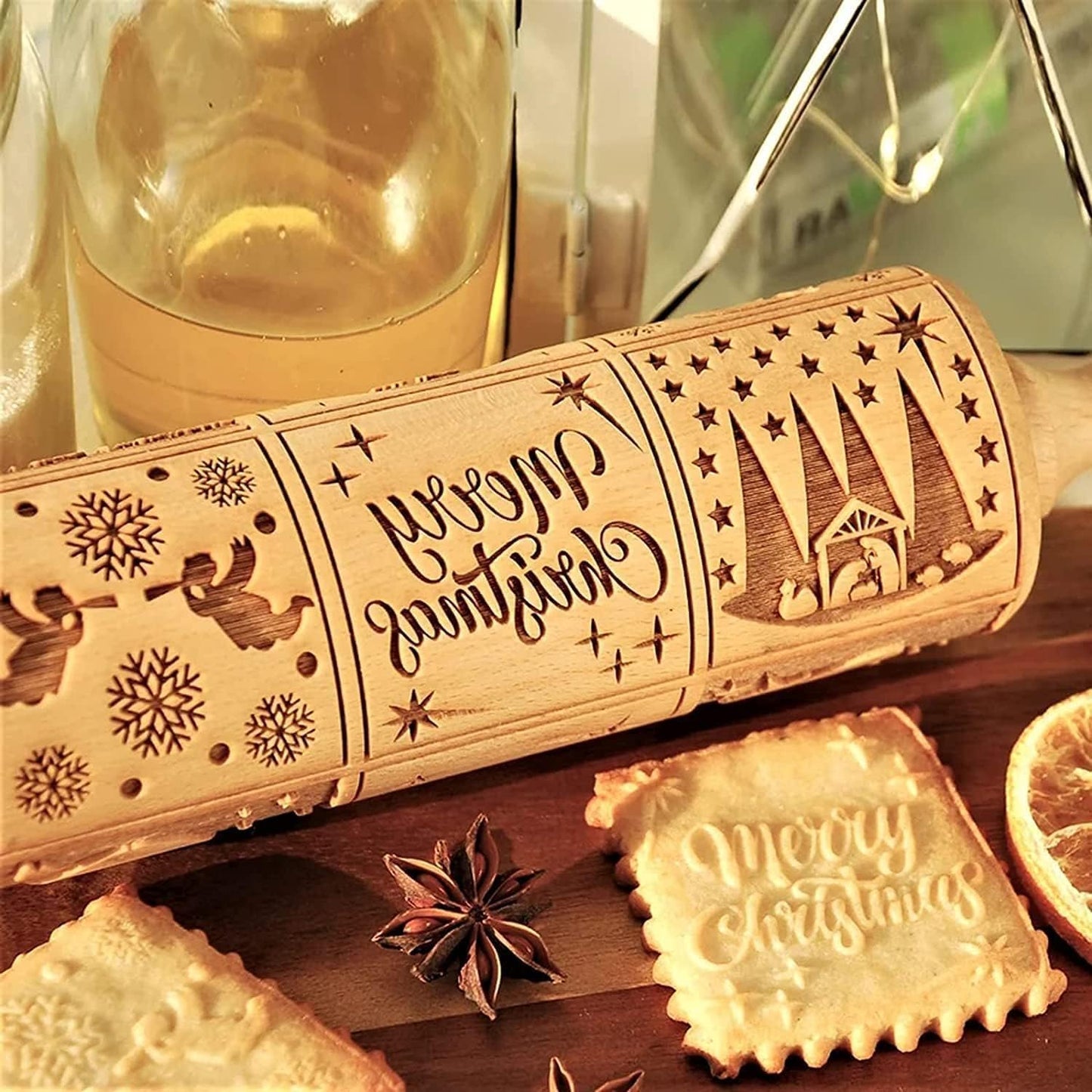 Christmas Wooden Rolling Pin for Baking Engraved Embossing Rolling Pin Cookie Stamps Roller Square Grid Cookies Mold Kitchen Decor Tools for Baking Embossed Cookies (9 Grilles Jesus)