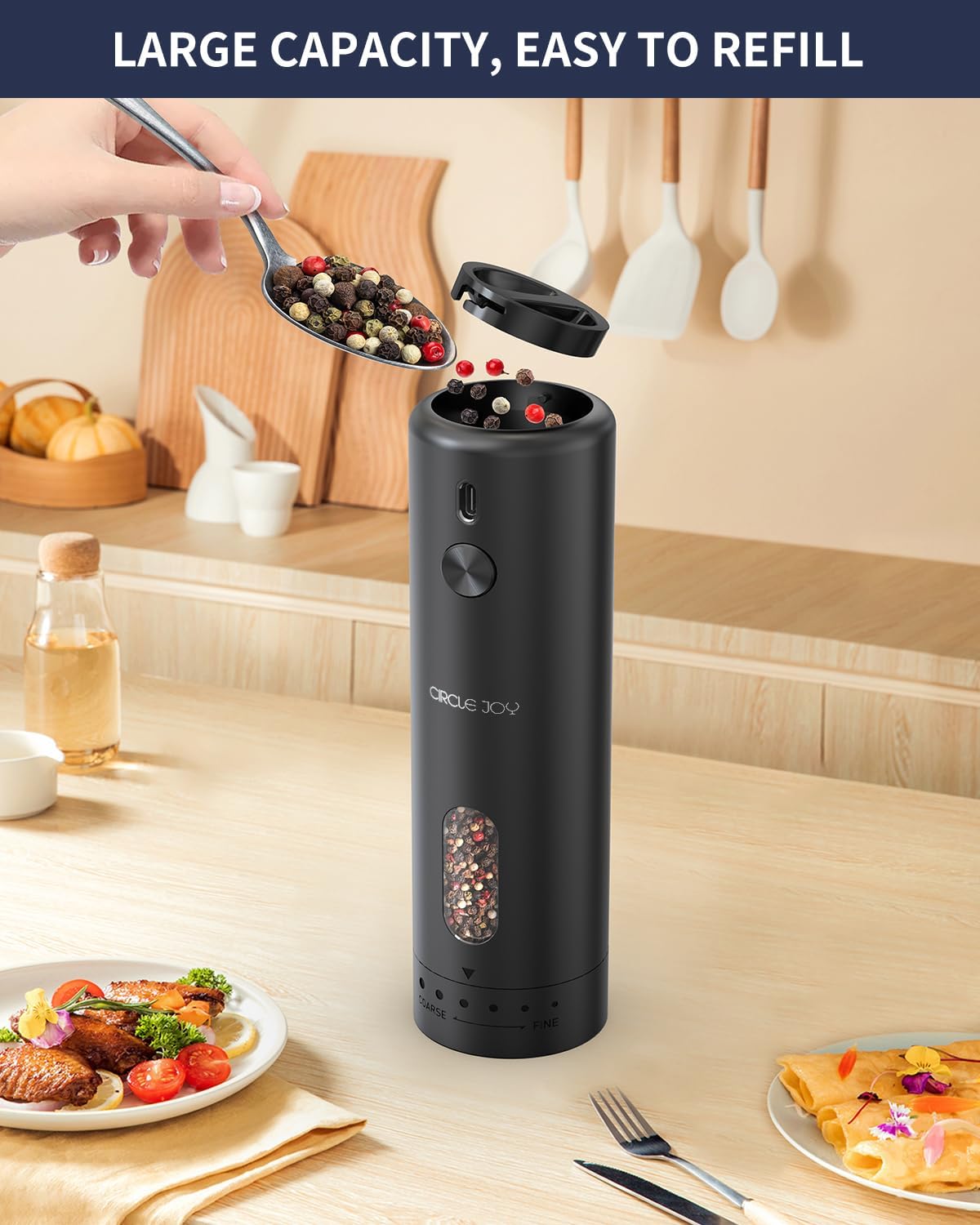 CIRCLE JOY Electric Pepper Grinder Rechargeable, Automatic Pepper Mill with 110ml Container, External Adjustable Coarseness, White Led Light and One-Handed Operation, Black
