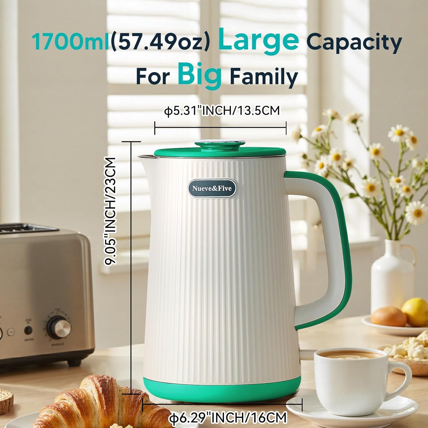 Nueve&Five 1.7L (57oz) Large Electric Kettle Perfect for 7+Cups of Tea and Coffee,2 quarts Double Wall Big Electric Tea Kettle,Auto Shut Off,1200W Hot Water Kettle Electric -Green