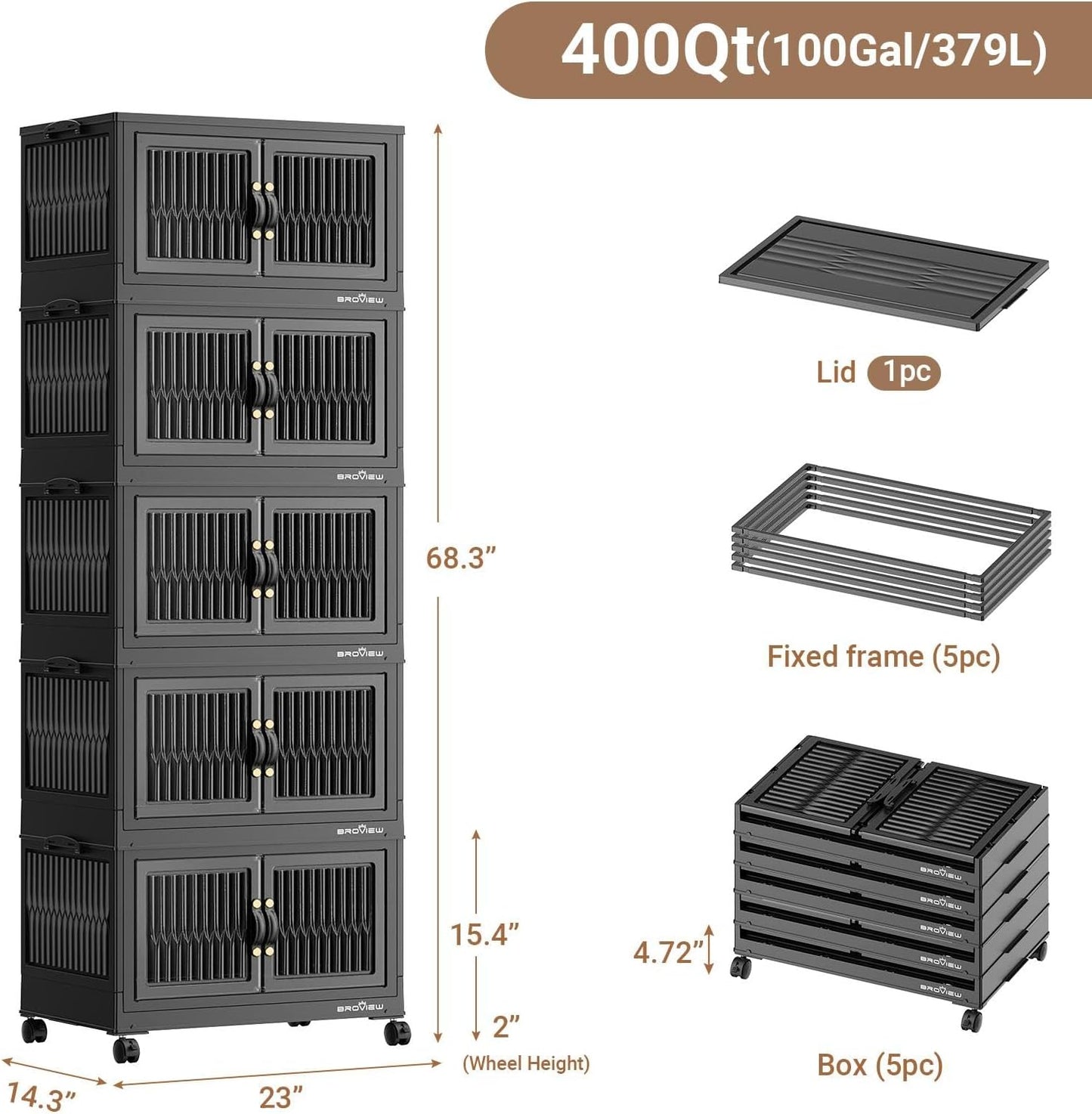 400Qt Stackable Storage Bins with Lid, Extra Large Closet Organizer Collapsible Drawer Boxes with Wheels, Folding Plastic Cabinet Containers for Home Kitchen Room Organization, 5Pack Black