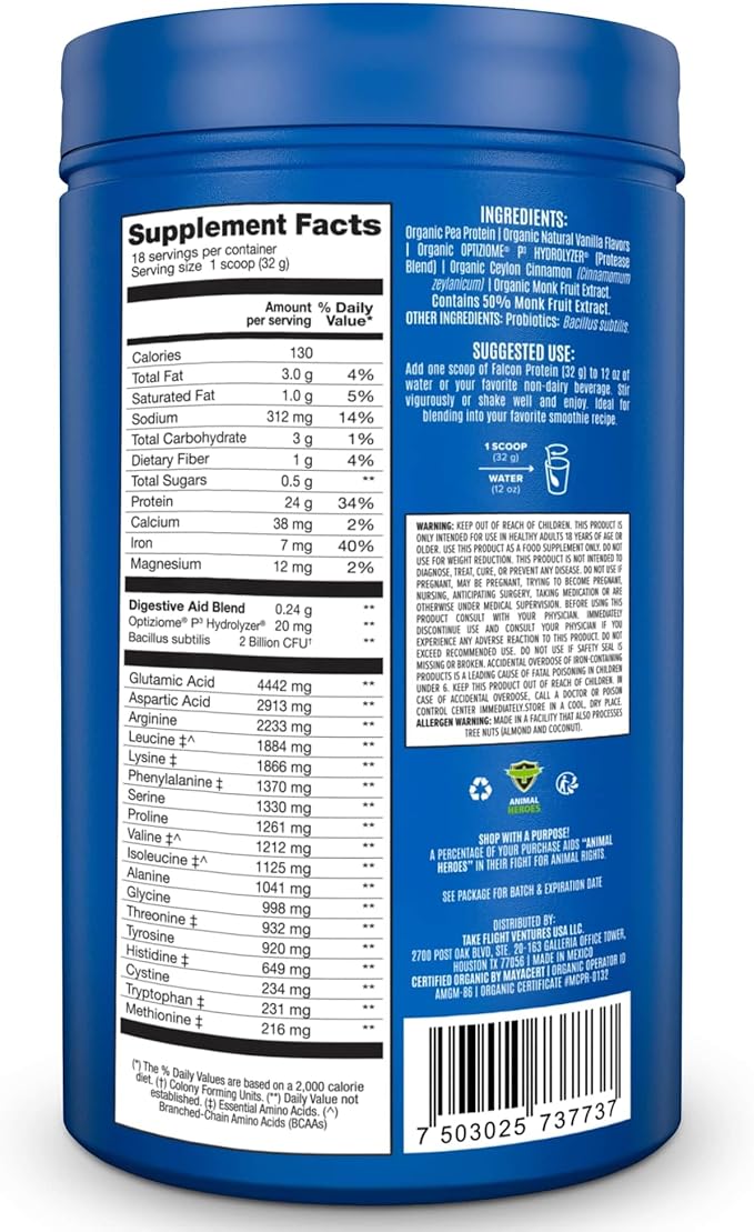 Falcon Organic Vegan Protein Powder Vanilla, 24g Protein, Sugar Free, Probiotics, Low Carb, Keto Friendly, Dairy Free, Lactose Free, Non Whey, Plant Based Pea Protein Powder - 18 Servings
