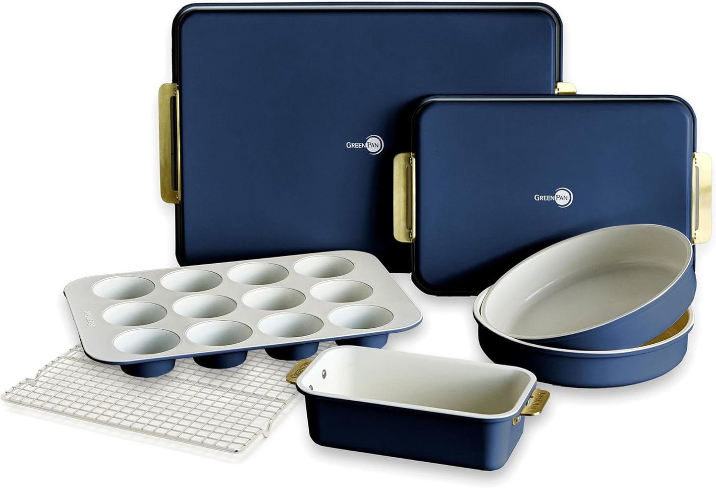 GreenPan Bakeware Set, 7 Piece Nonstick Ceramic Gold Handle Baking Sheets, Cake Pans, Loaf Pan, Muffin Tin, Cooling Rack, PFAS & BPA Free, Freezer to Oven Dish, Bake & Roast Ovenware, Oxford Blue