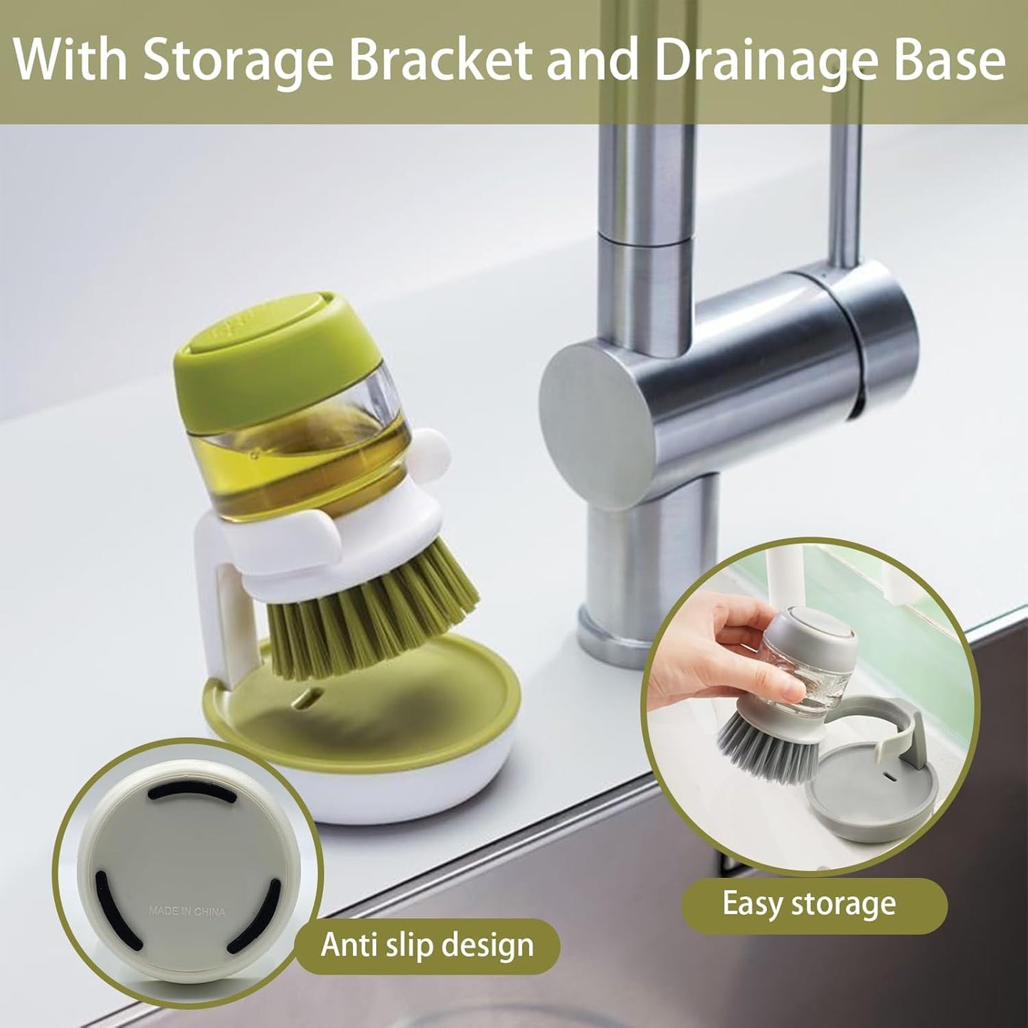 Soap Dispenser with Dish Brush and Storage Bracket, Easy to Clean Kitchen Utensils and Sink, Gray