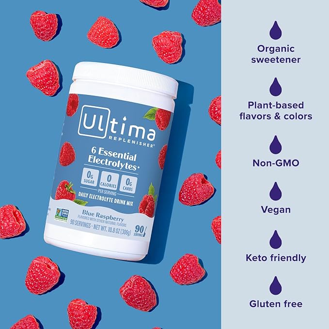Ultima Replenisher Daily Electrolyte Powder Drink Mix – Sugar Free – Blue Raspberry, 90 Servings – Hydration Powder with 6 Electrolytes and Minerals – Keto Friendly, Vegan, Non-GMO