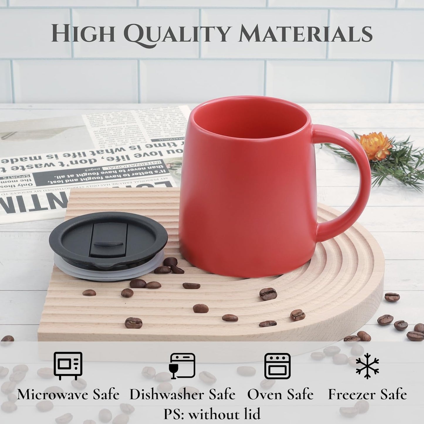 Classic Mug, 14 oz Large Coffee Mug with Handle, Ceramic Porcelain Tea Cup, Smooth Matte (Sliding Lid, Set of 2, Red and Navy Blue)