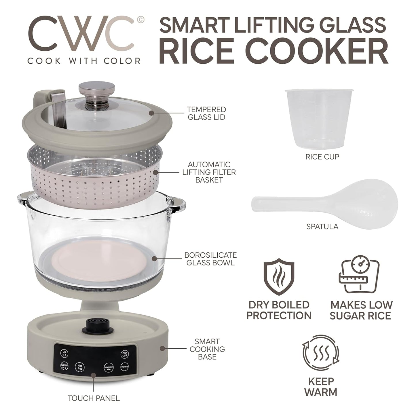 COOK WITH COLOR 3L Glass Low Carb Rice Cooker - Makes 6 Cups Cooked Low Sugar Rice with Auto Lift Filter Basket, Hotpot & Steamer for Rice, Grains and Oats, Digital Panel with Keep Warm, Sand