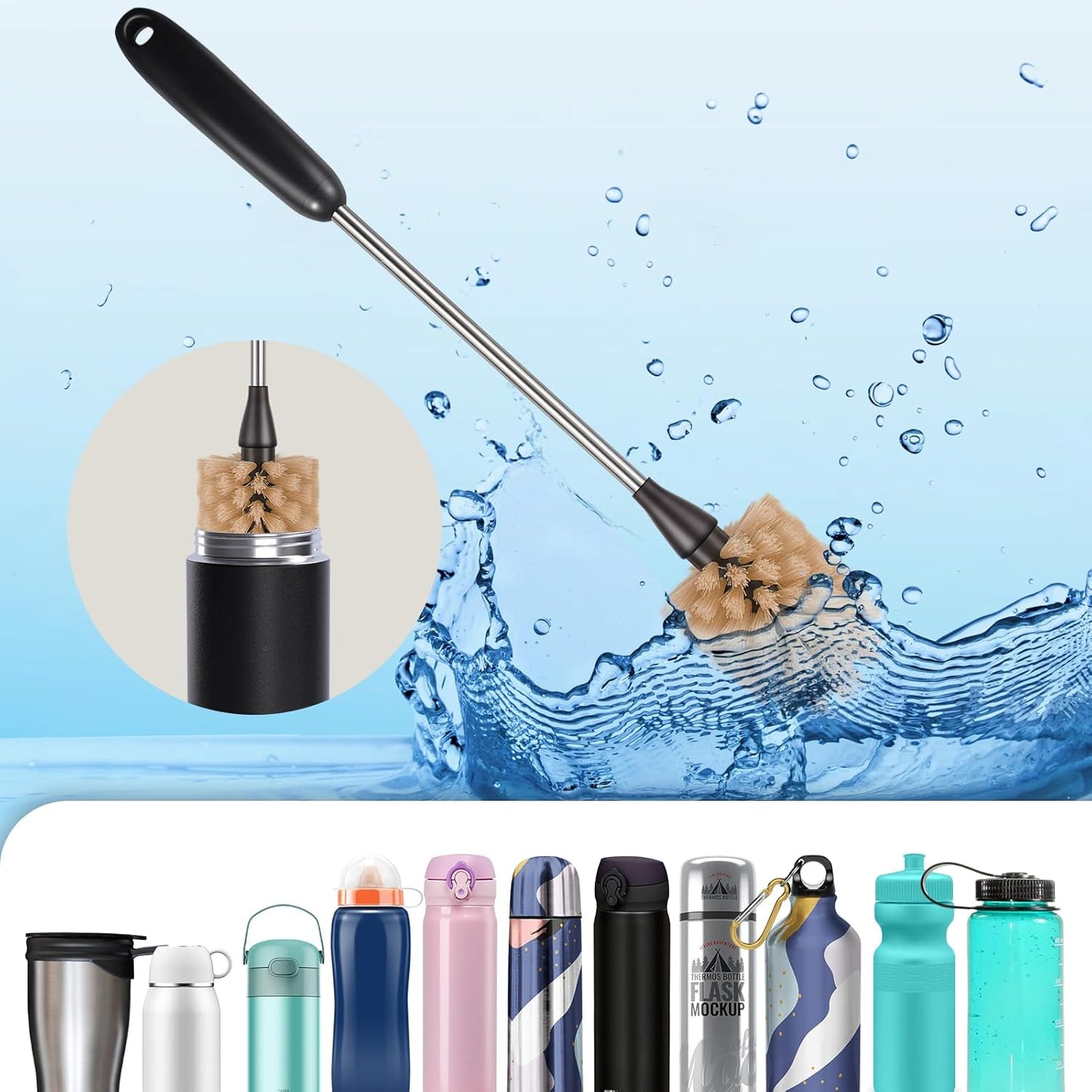 Stainless Steel Long Handle Water Bottle Brush, Flexible Scrubbing Brush for Cleaning Water Bottles, Baby Water Bottles, Glassware, Food Jars, Sports Jugs, Sobriety Jugs, 15 in.