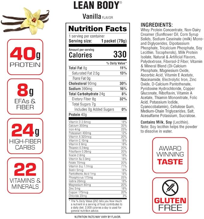 Labrada Lean Body MRP All-In-One Vanilla Meal Replacement Shake, 40g Protein, Whey Blend, 8g Healthy Fats EFA's & Fiber, 22 Vitamins and Minerals , No artificial color, Gluten Free, (42 Packets)