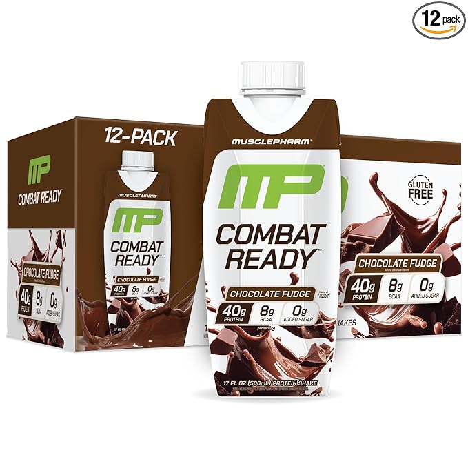 MusclePharm Combat Ready High Protein Shakes Ready to Drink, 40g Protein, 8g BCAAs, 8.7g Glutamine, 5g Fiber, No Added Sugar, Gluten Free, Chocolate Fudge, 17 Fl Oz (Pack of 12)