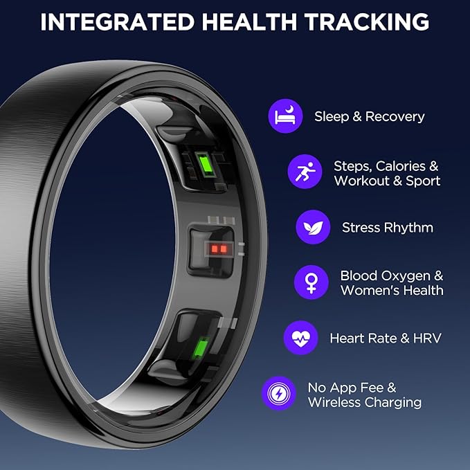 Fitness Tracker, Smart Ring for Women Men, Fitness Ring with Sleep Tracker, 24/7 Heart Rate Monitor, Health Activity Trackers, Step Counter,Calorie Pedometer,No Subscription,for iOS Android(Black,#8)