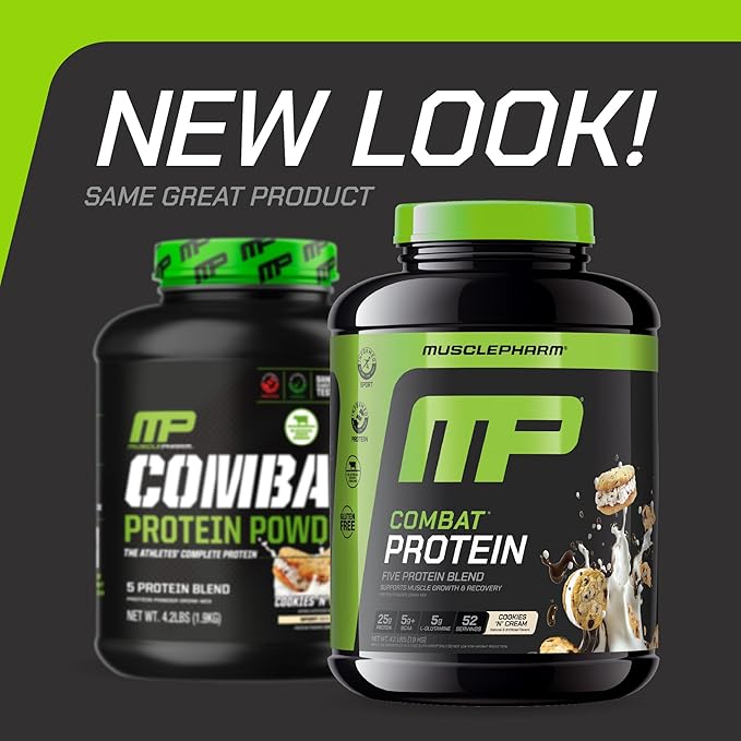 MusclePharm Combat Protein Powder, Cookies ‘N’ Cream Flavor, Fuels Muscles for Productive Workouts, 5 Protein Sources including Whey Protein Isolate & Egg Albumin, Gluten Free, 4 lb, 52 Servings