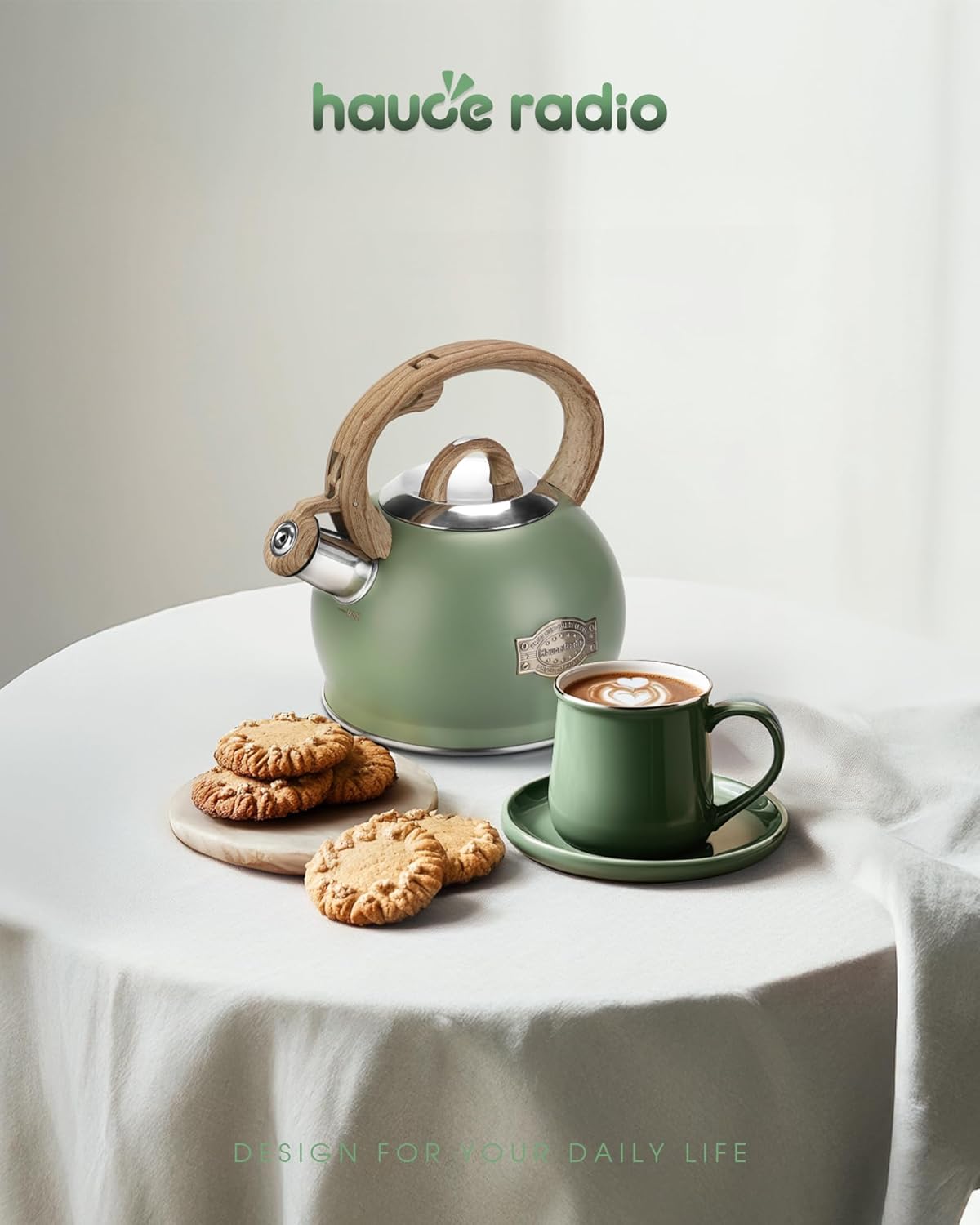 Tea Kettle Stovetop, 2.1 Quart Stove Top Whistling Tea Kettle, Teapot Kettles with Food Grade Stainless Steel and Wood Pattern Folding Handle, Suitable for All Heat Sources