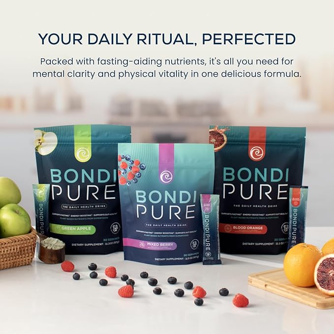 Bondi Pure - Daily Health & Detox Drink - Promote Gut Health & Energy Support During a Cleanse or Intermittent Fasting - Plant-Based Fibers, Alkalizing Super Greens - Blood Orange (2-Pack)